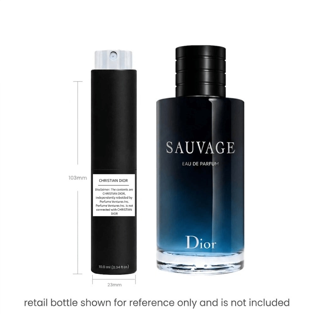 Sauvage EDP Men's Travel Spray 10ml Decant - Ambery Bergamot Ambroxan Cologne - Portable for Bath Time, Home Spa and Personal Care
