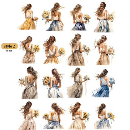 Aesthetic Floral Stickers for Journaling 16pcs – Floral Girl Artistic Cut-Out Scrapbook Sticker Sheets, 2 Styles