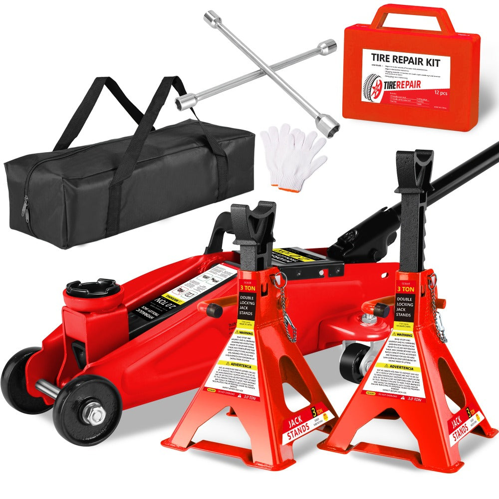 Hydraulic Floor Jack Kit 2/2.5/3 Ton Low Profile Trolley Jack with Jack Stands, Tire Repair Kit, Wheel Wrench & Wheel Chock Combo – Red/Blue