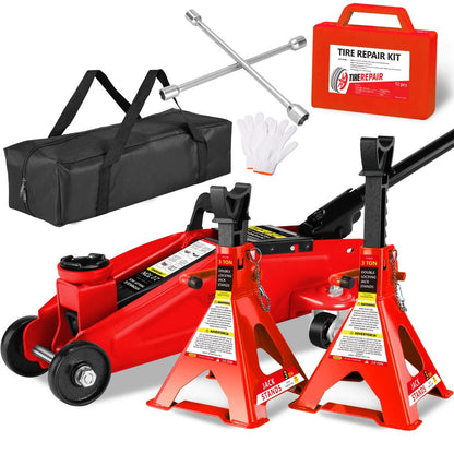 Hydraulic Floor Jack Kit 2/2.5/3 Ton Low Profile Trolley Jack with Jack Stands, Tire Repair Kit, Wheel Wrench & Wheel Chock Combo – Red/Blue