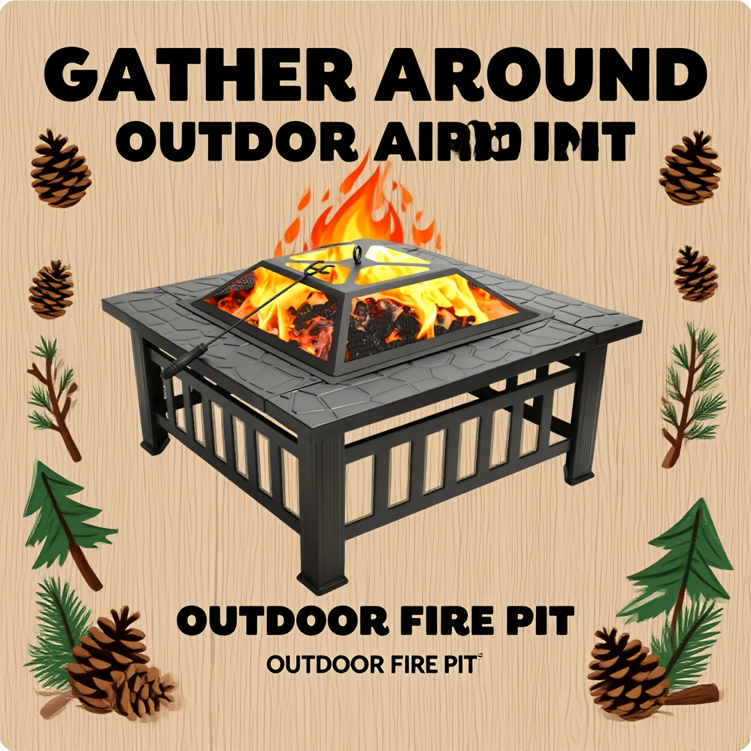 Black Square Fire Pit Table with Raised Mesh Cover, Perforated Side Panels and Wood-Burning Bowl