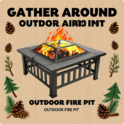 Black Square Fire Pit Table with Raised Mesh Cover, Perforated Side Panels and Wood-Burning Bowl