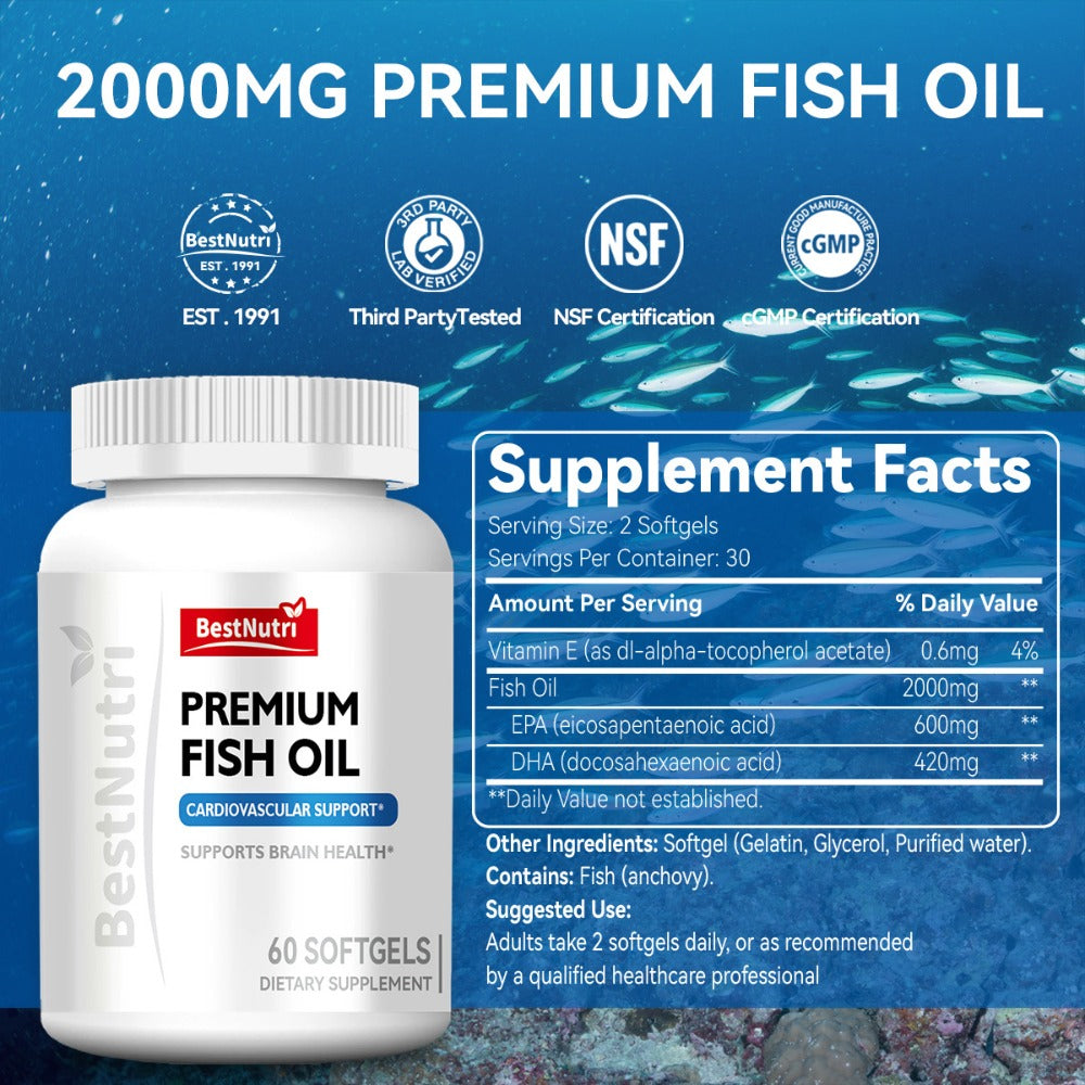 Omega-3 Fish Oil 2000mg Softgels with EPA & DHA, Cold-Extracted CGMP, Brain Vitality Heart Health Anti-Inflammatory Support