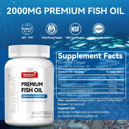 Omega-3 Fish Oil 2000mg Softgels with EPA & DHA, Cold-Extracted CGMP, Brain Vitality Heart Health Anti-Inflammatory Support