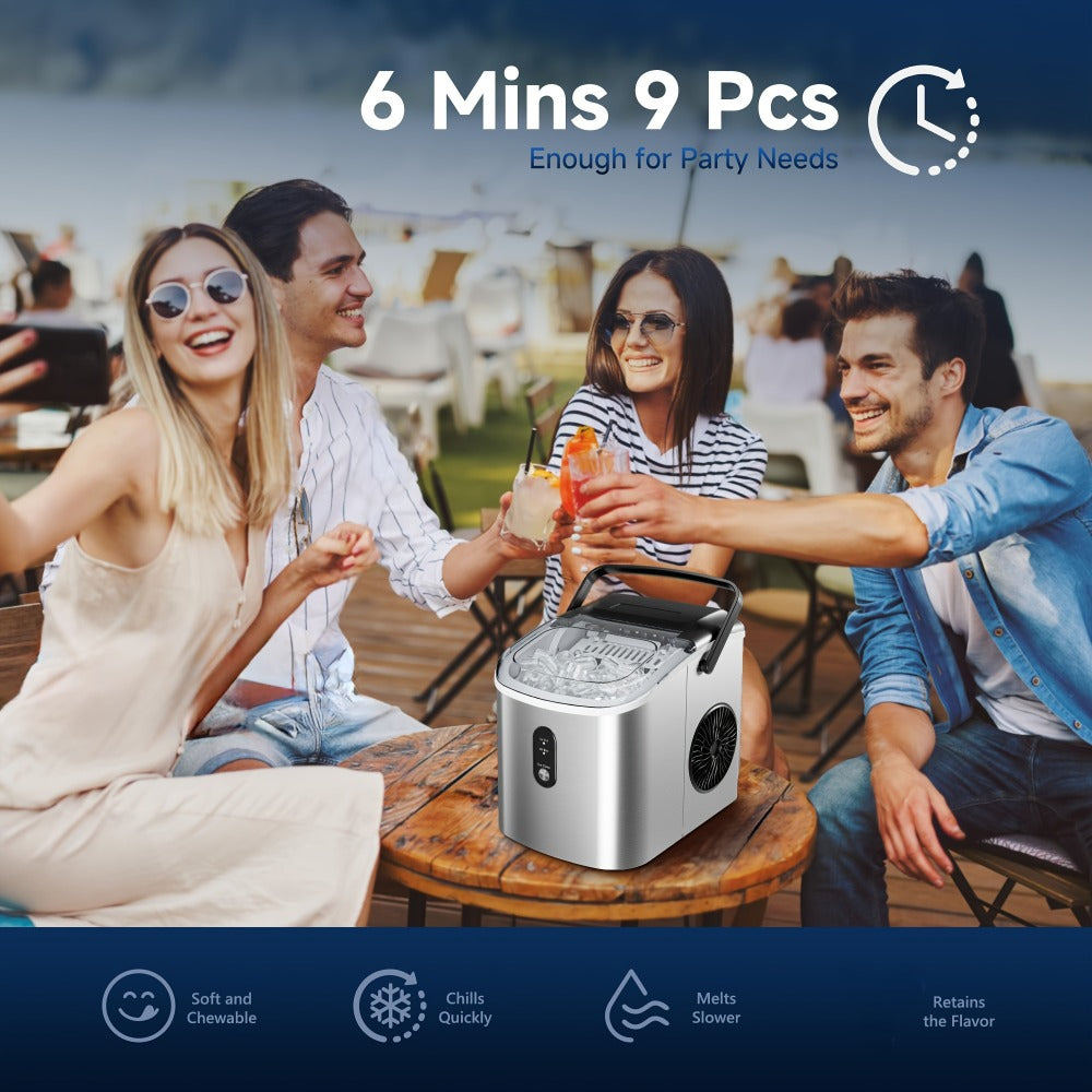 Portable Ice Maker Countertop – Bullet Ice Machine 26-29 Lbs Daily, 9 Ice Cubes in 6 Mins, Self-Cleaning, Quiet Under 45dB, with Handle