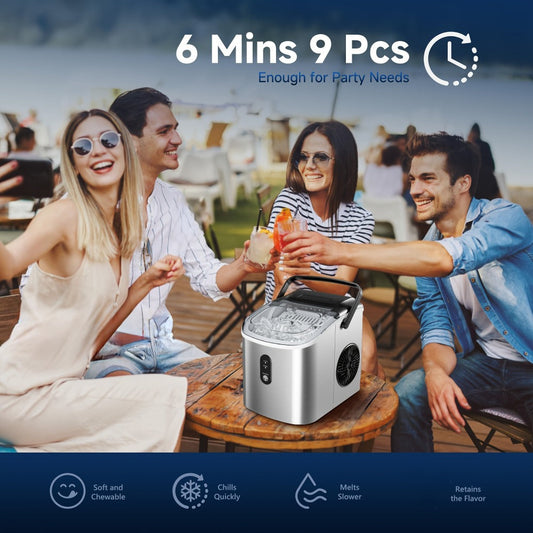 Portable Ice Maker Countertop – Bullet Ice Machine 26-29 Lbs Daily, 9 Ice Cubes in 6 Mins, Self-Cleaning, Quiet Under 45dB, with Handle