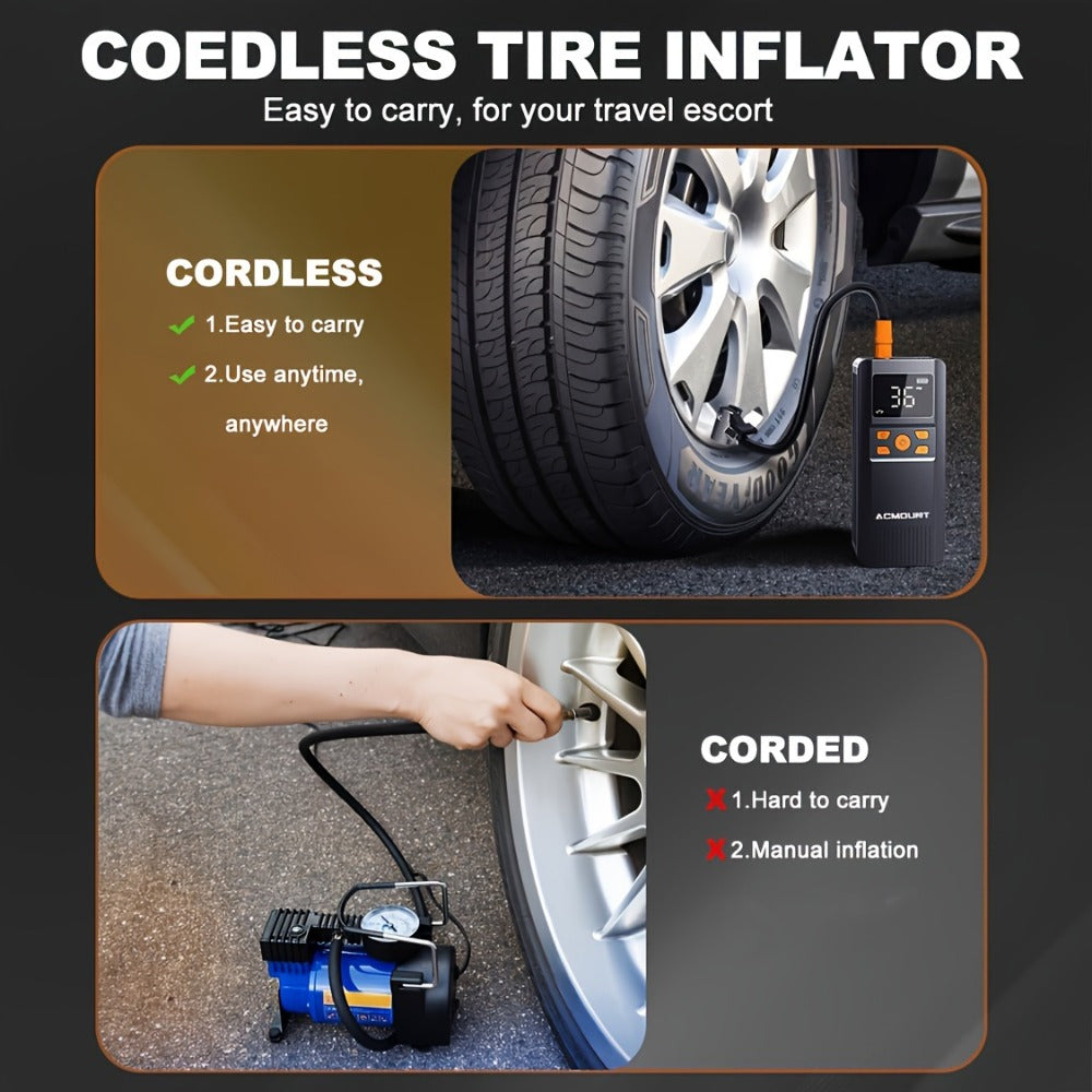 Portable Tire Inflator Cordless Air Compressor – 150PSI Fast Inflation, 5000mAh Rechargeable Battery, Digital Pressure Gauge, LED Light