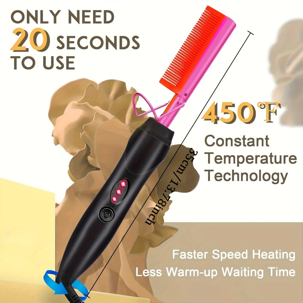 Electric Hot Comb Hair Styling Tool with Ceramic Heater, Holder, Two Clips and Five Color Options