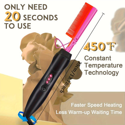 Electric Hot Comb Hair Styling Tool with Ceramic Heater, Holder, Two Clips and Five Color Options
