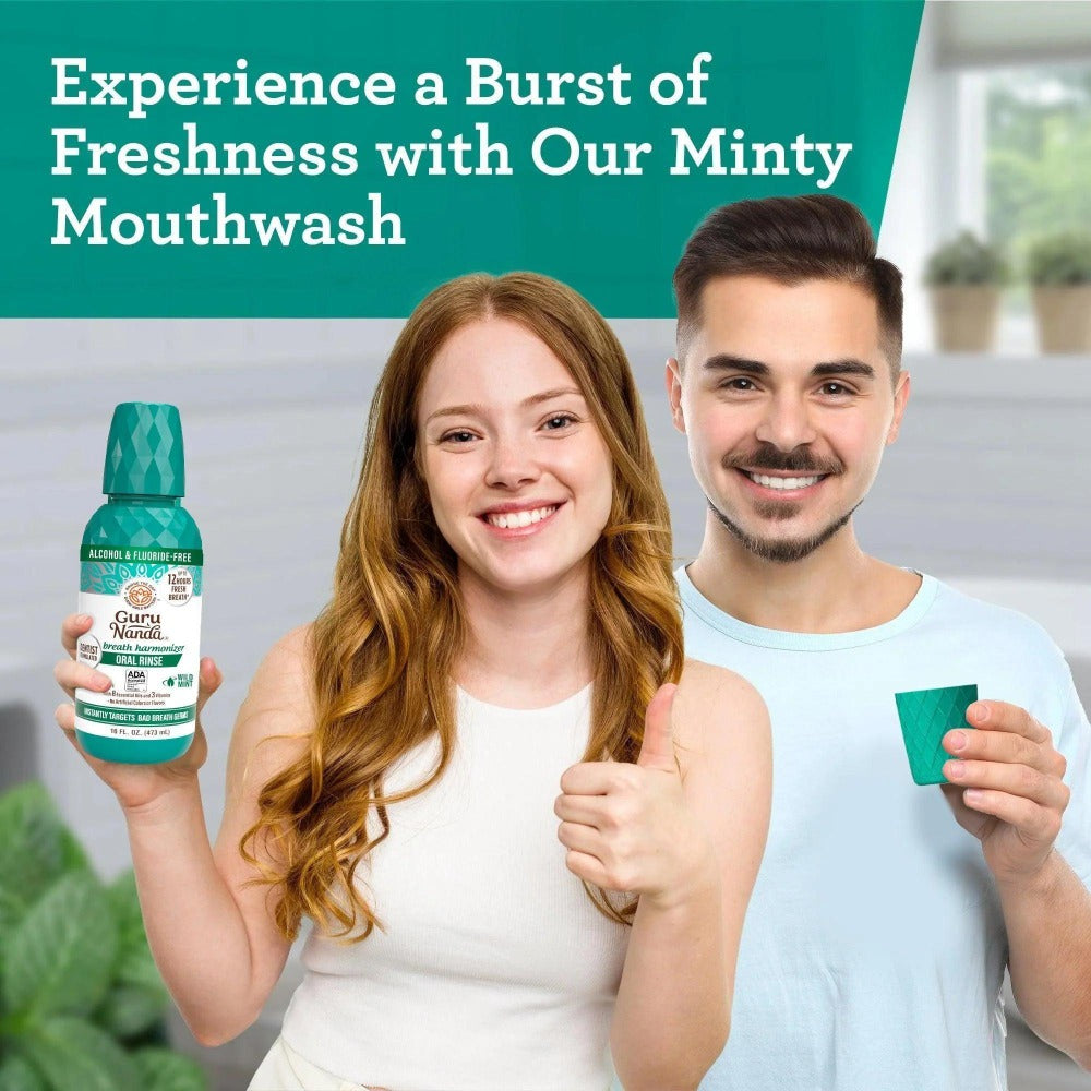 GuruNanda Alcohol Free Mouthwash 2 Pack 16 oz Each Fluoride Free Oral Rinse with 8 Essential Oils Sodium