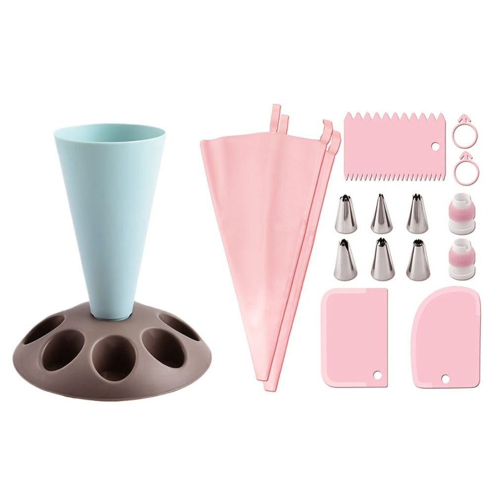 Piping Bag Holder Set 17pcs, Multi-Bag Icing Stand with Various Nozzle Tips for Cake Decorating, Cupcake Frosting, Cookie Decorating