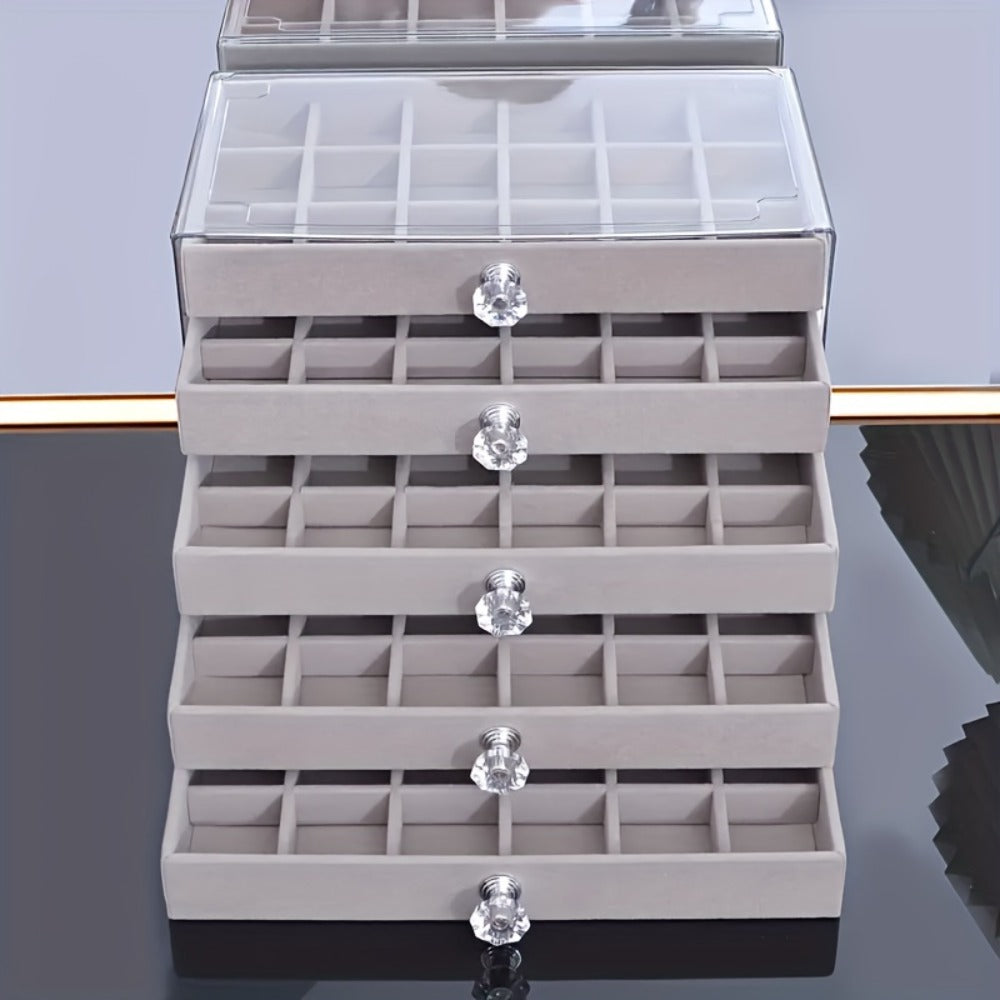 Jewelry Organizer 5-Tier 56-Grid Drawer Box in Gray or Beige for Rings, Earrings, Brooches and Hair Clips