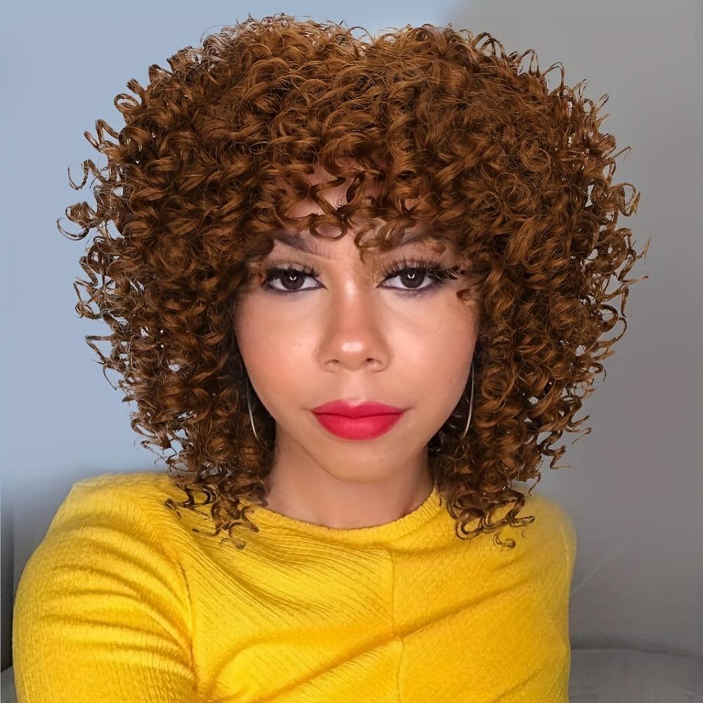 Synthetic Wig 14-Inch Kinky Curly Afro with Bangs, 180% Density and Stretch Net Cap for Daily Style