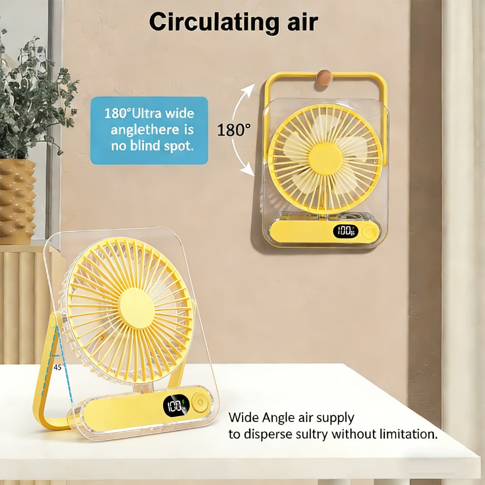 Portable USB Desktop Fan 3000mAh Battery, Ultra-Quiet 5-Speed Foldable Fan with 180° Adjustable Tilt and Digital Power Display