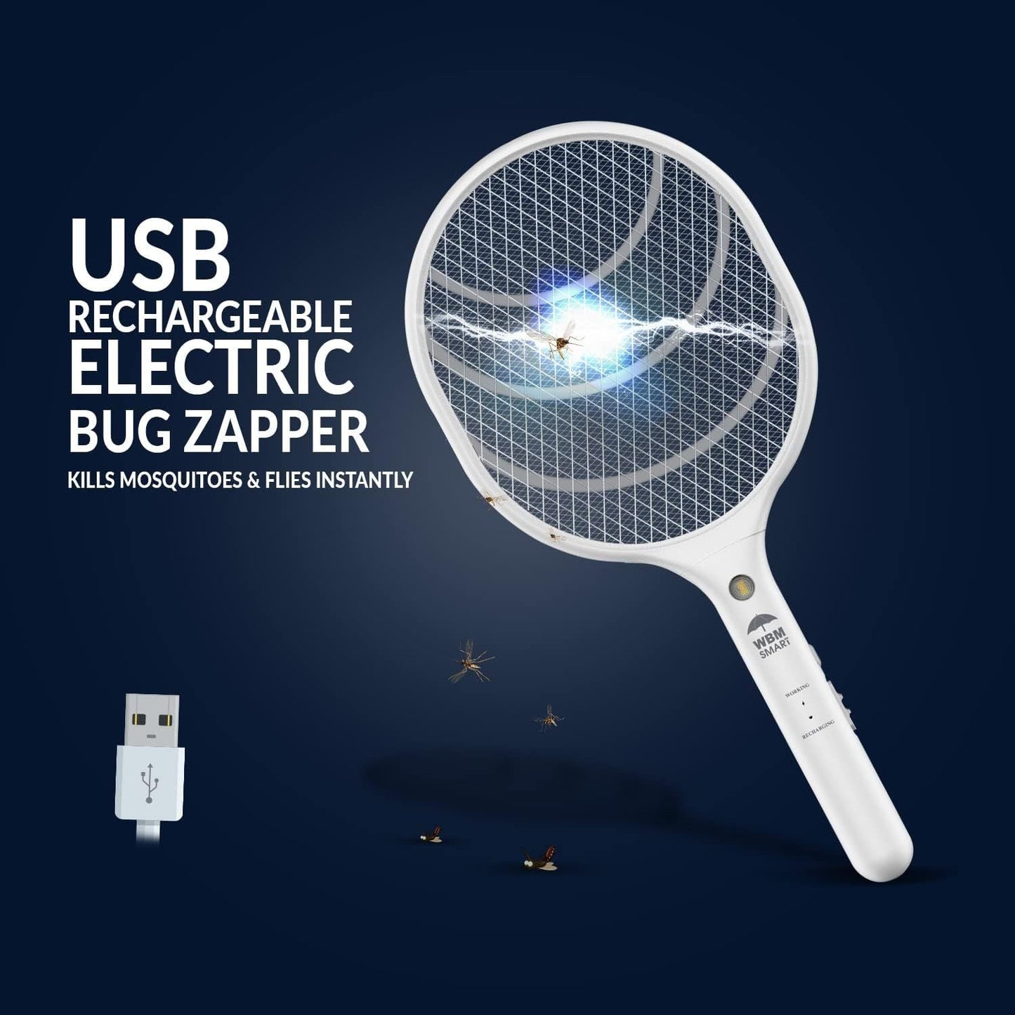 Electric Fly Swatter Racket Rechargeable 2-Pack, 3000V Bug Zapper with LED Light, USB Charging