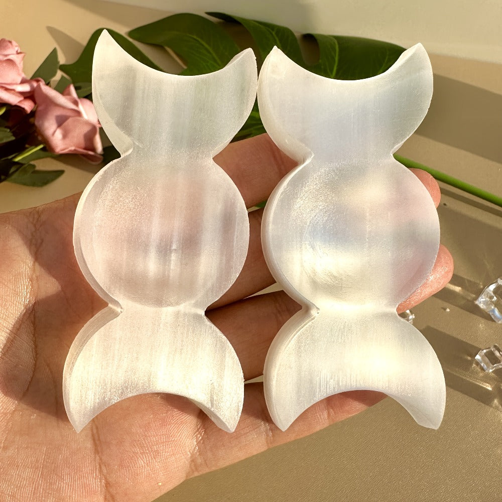 Natural Selenite Triple Charging Dish Crystal Charging Plate for Crystals and Stones for Entryways, Bedrooms and Living Spaces