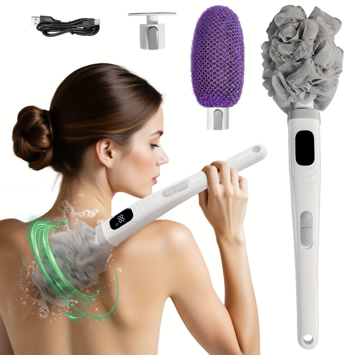 Electric Body Scrubber Brush 3 Replaceable Heads Dual Speed Shower Back Cleaner Exfoliating Skin Cleansing for Home or Salon Spa Use