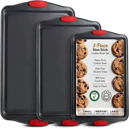 Three-Piece Black Baking Sheet Set with Red Grip Tabs in Small, Medium and Large Nesting Sizes