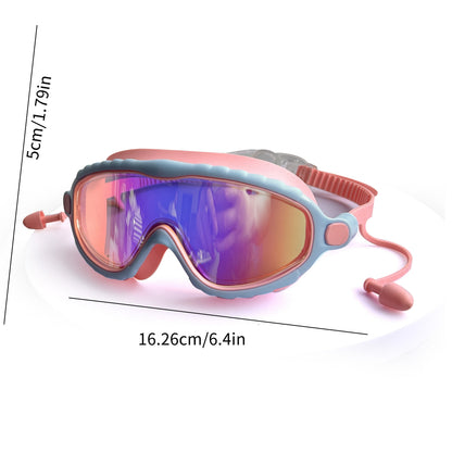 Kids Wide-Lens Swim Goggles with Attached Earplugs, Adjustable Strap and Blue or Pink Frame