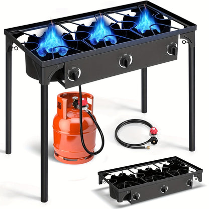 Outdoor Propane Burner Stove Cast Iron 1 or 3 Burner, 225000 BTU High-Pressure Cooker with Adjustable Heat