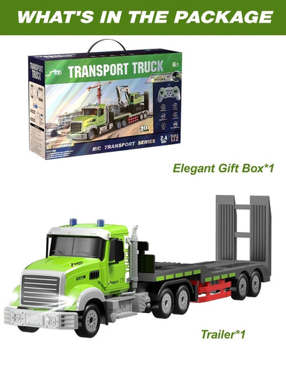 RC Semi Truck with Flatbed Trailer & Alloy Excavator Set 1:12 Scale, 11-Channel Dual Control, Sound & Lights