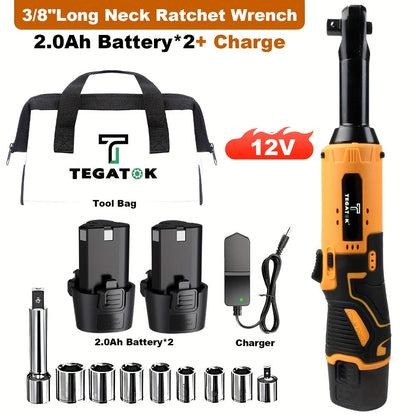 12V Cordless Ratchet Wrench Set 3/8" Drive, 40 Ft-lbs Torque, Variable Speed Trigger, Lithium-Ion Battery