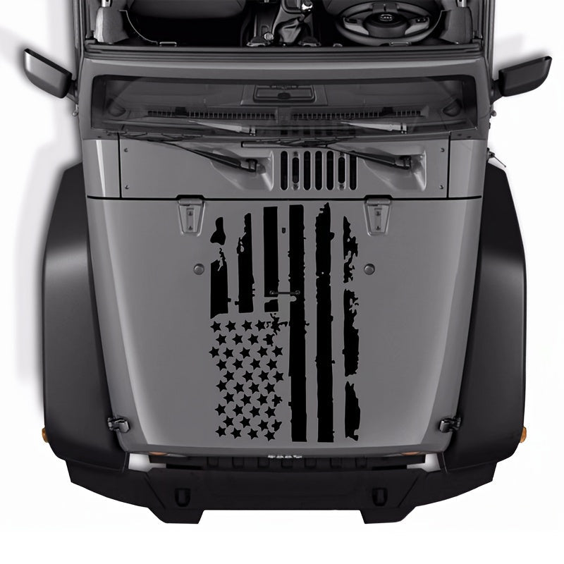 Distressed American Flag Hood Vinyl Decal, 35.4 × 19.7 Inches in Black or Transparent-Base Black