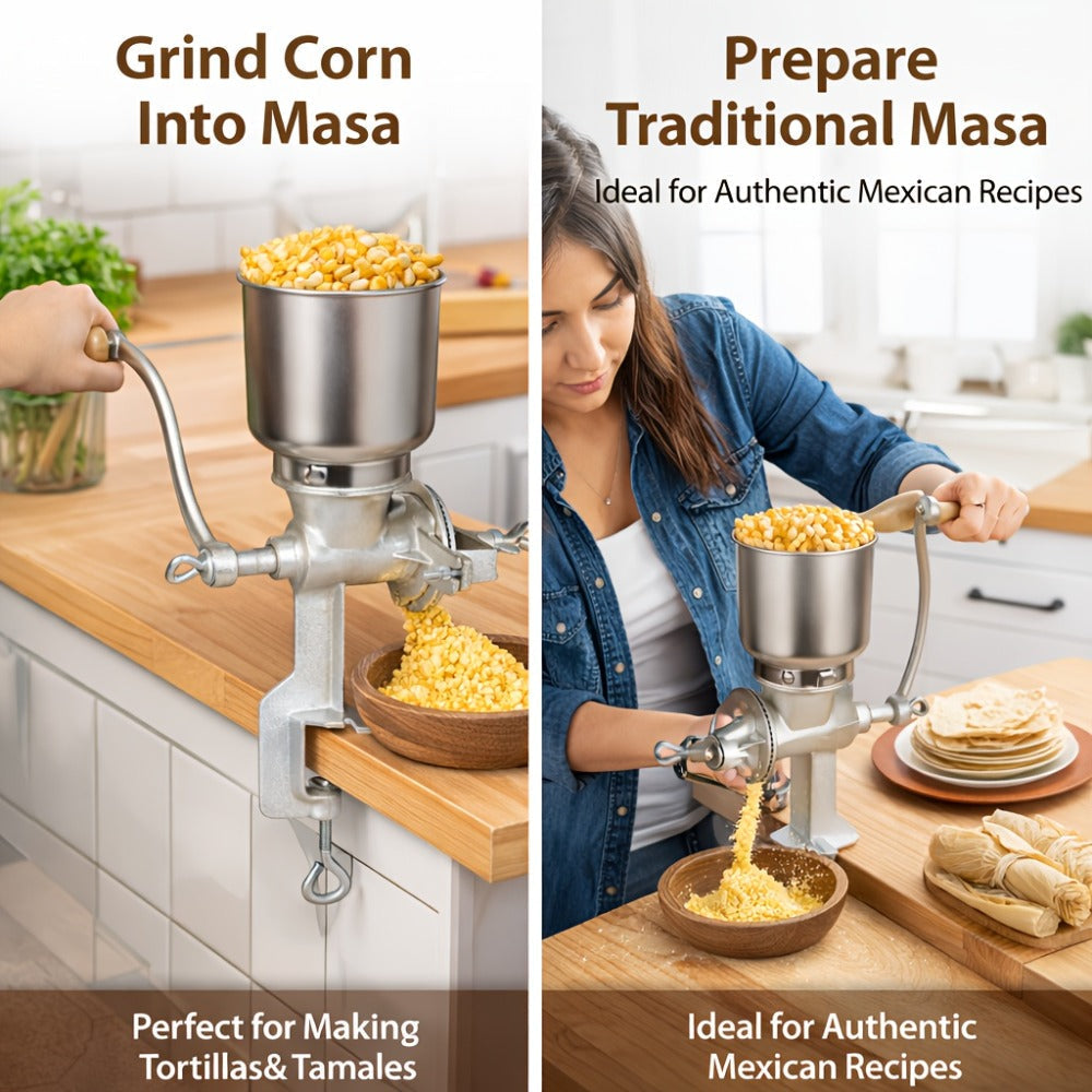 Cast Iron Grain Mill Manual Grain Grinder, Hand Crank Food Mill, High Hopper with Clamp & Shield