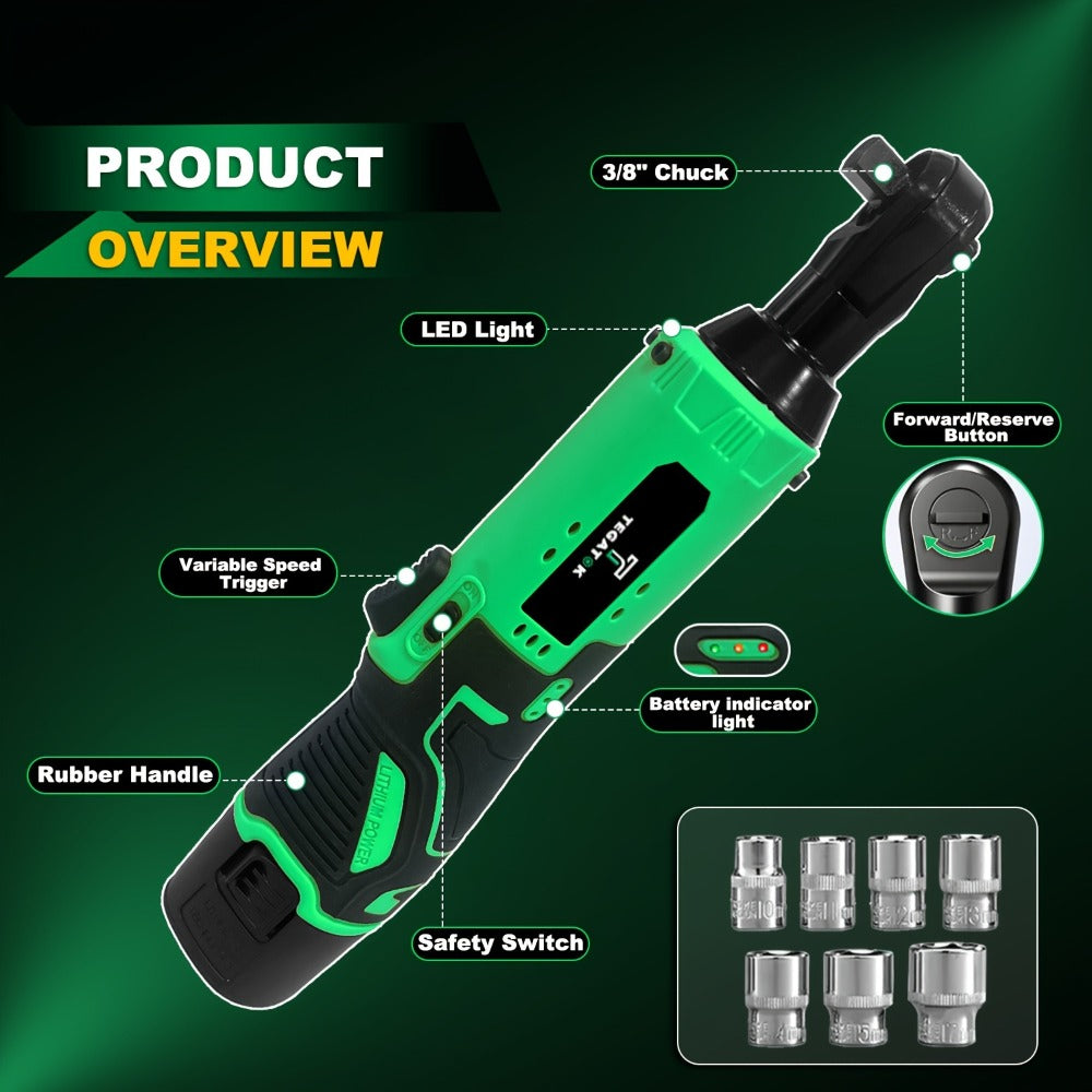 12V Cordless Ratchet Wrench Set 3/8" Drive, 40 Ft-lbs Torque, Variable Speed Trigger, Lithium-Ion Battery