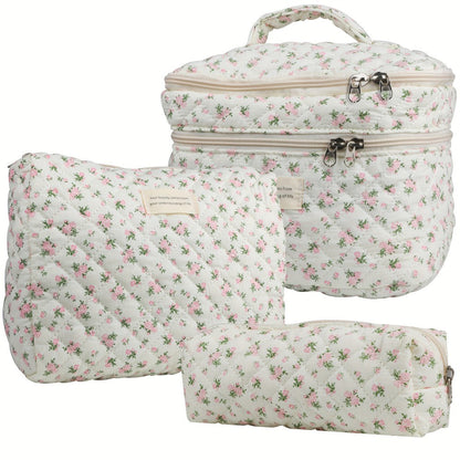 Makeup Bag Three-Piece Quilted Cotton Dual-Layer Floral Pouch Set for Travel, Vanity and Everyday Beauty Storage