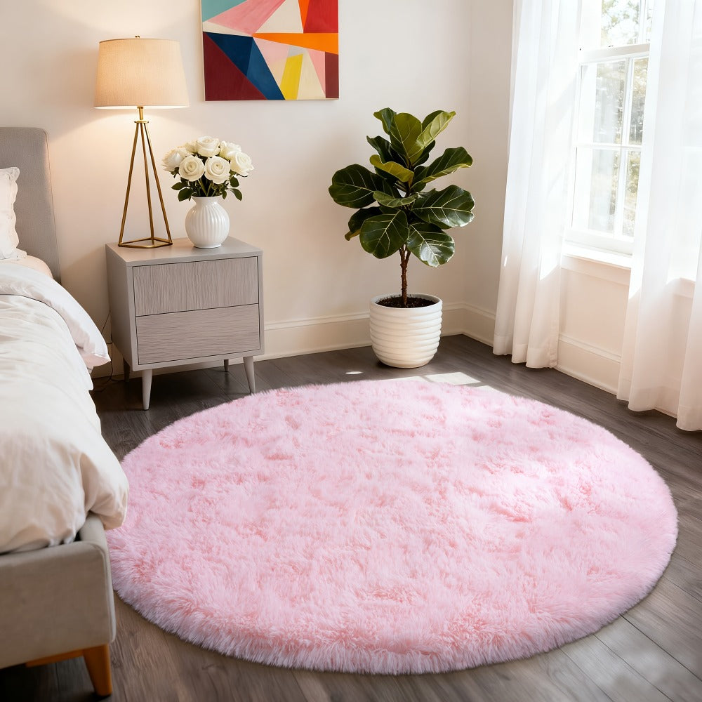 Area Rug 6x6 Round Light Pink Plush Circle with Hand-Washable Care for Bedroom or Living Room