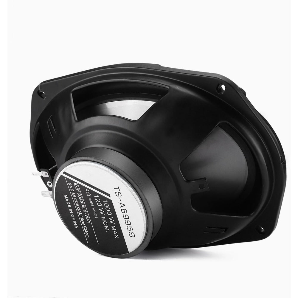 Pair of 6 x 9 Inch Five-Way Coaxial Car Speakers Labeled 1000W Peak, 120W RMS and 4 Ohms with Grilles