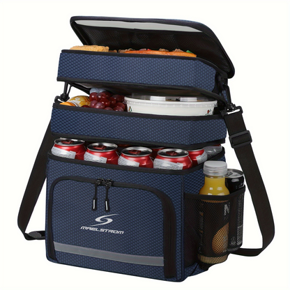 19L Triple-Compartment Lunch Bag with Three Stacked Zippers, Shoulder Strap and Four Color Options
