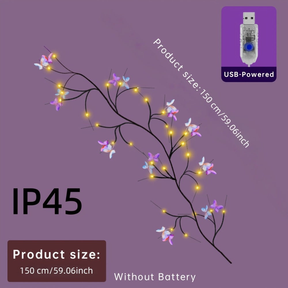 String Lights, 30-LED Butterfly Vine Fairy Branch with Eight Modes, USB Power and Warm White Indoor Glow