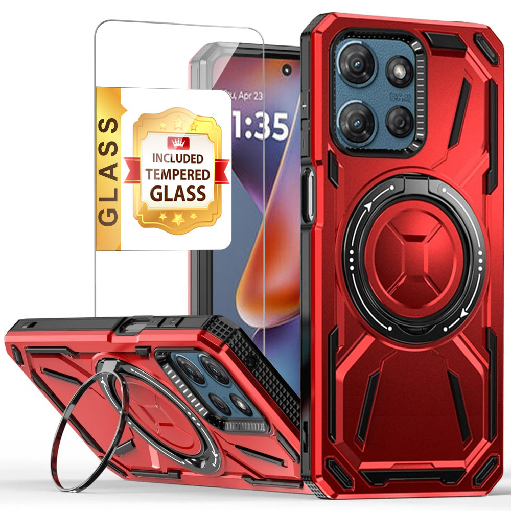 Phone Case Ring Stand Cover with Tempered Glass Protector for Moto G Power 5G 2025 in Five Colors