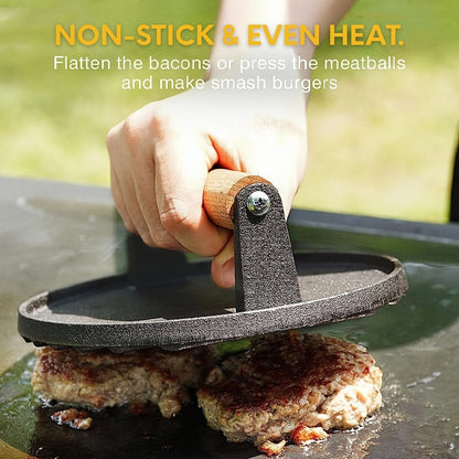 Smash Burger Press Cast Iron Heavy Duty Dual-Size Burger Smasher with Ergonomic Wood Handle – BBQ Grill Press for Smash Burgers