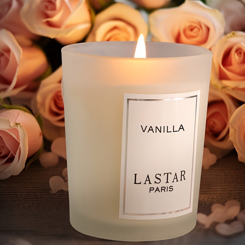 LASTAR Vanilla Scented Candle, 70g Frosted Round Glass Jar with 2.4 oz Marking and Pictured Carton