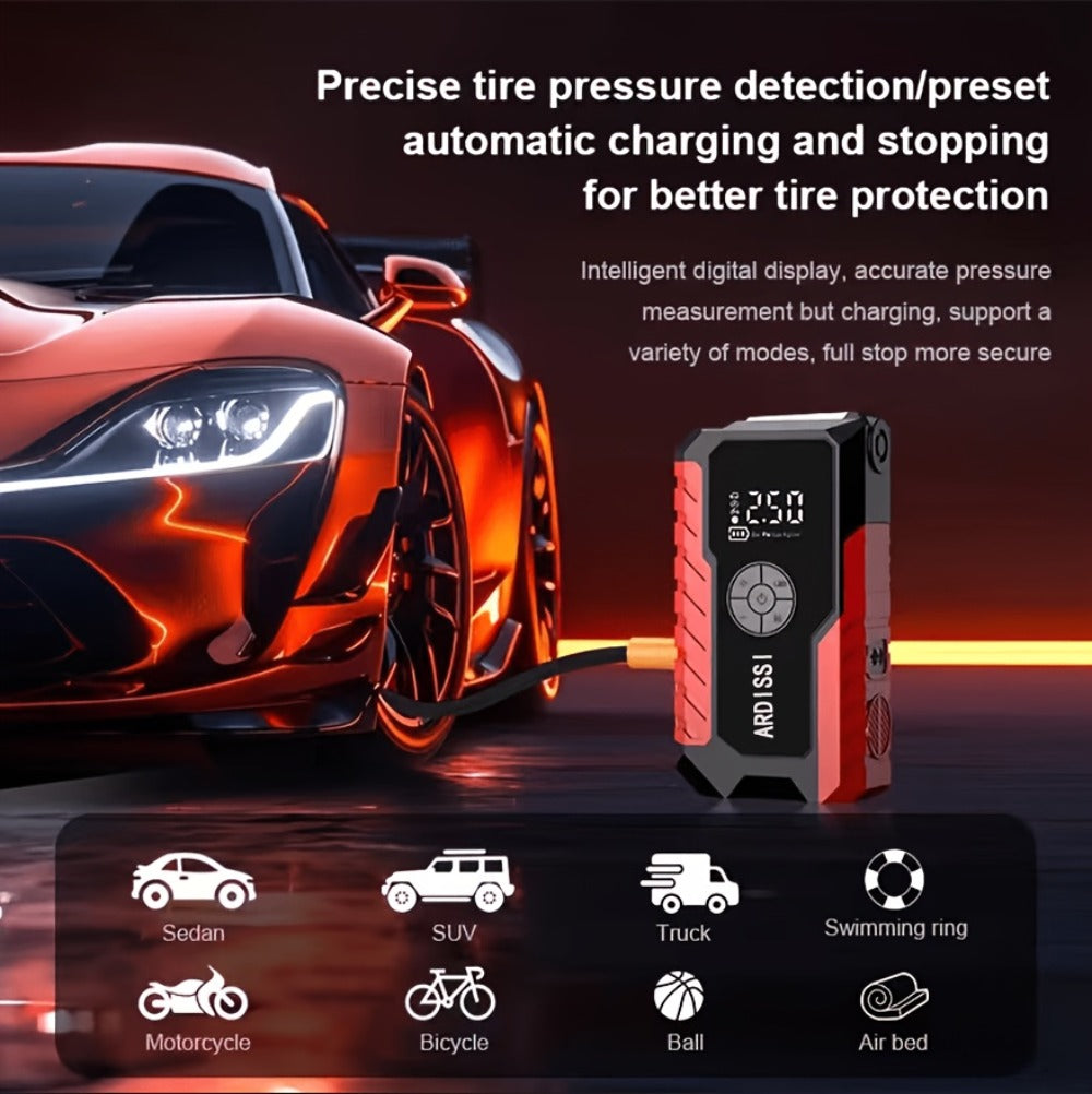 5-in-1 Jump Starter 5000A Peak – 10000mAh Power Bank, 150PSI Air Inflator, Type-C & LED Emergency Light for 12V Gas & Diesel Engines