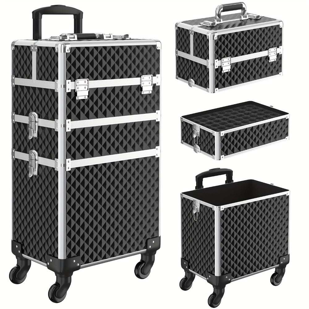 Three-Section Rolling Makeup Train Case with Telescoping Handle in Black or Pink and Sponge Set