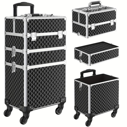 Three-Section Rolling Makeup Train Case with Telescoping Handle in Black or Pink and Sponge Set