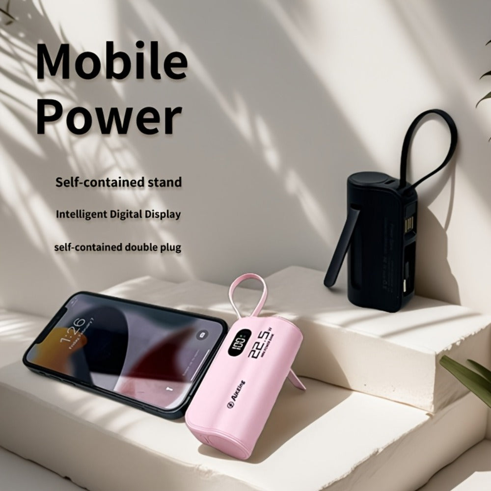 5000mAh Capsule-Style Power Bank with 22.5W Marking, Hidden Stand, Digital Display and USB Cable