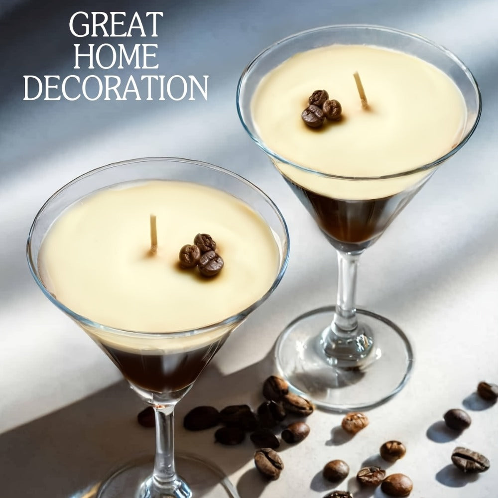 Coffee Martini Candle in Stemmed Glass with Layered Design, Coffee Bean and Glitter Details