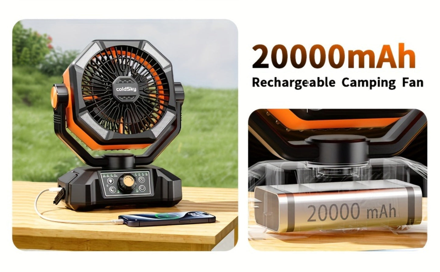 Camping Fan Battery Powered 20000mAh, Dual Motor 8-Speed Portable Tent Fan with Remote Control, 4 LED Lanterns and Hanging Hook