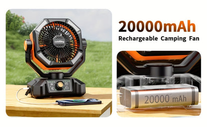 Camping Fan Battery Powered 20000mAh, Dual Motor 8-Speed Portable Tent Fan with Remote Control, 4 LED Lanterns and Hanging Hook