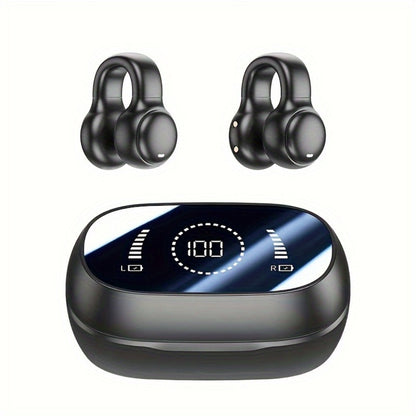 Open-Ear Clip Earbuds with Digital-Display Charging Case in Black or Beige Checkout Options