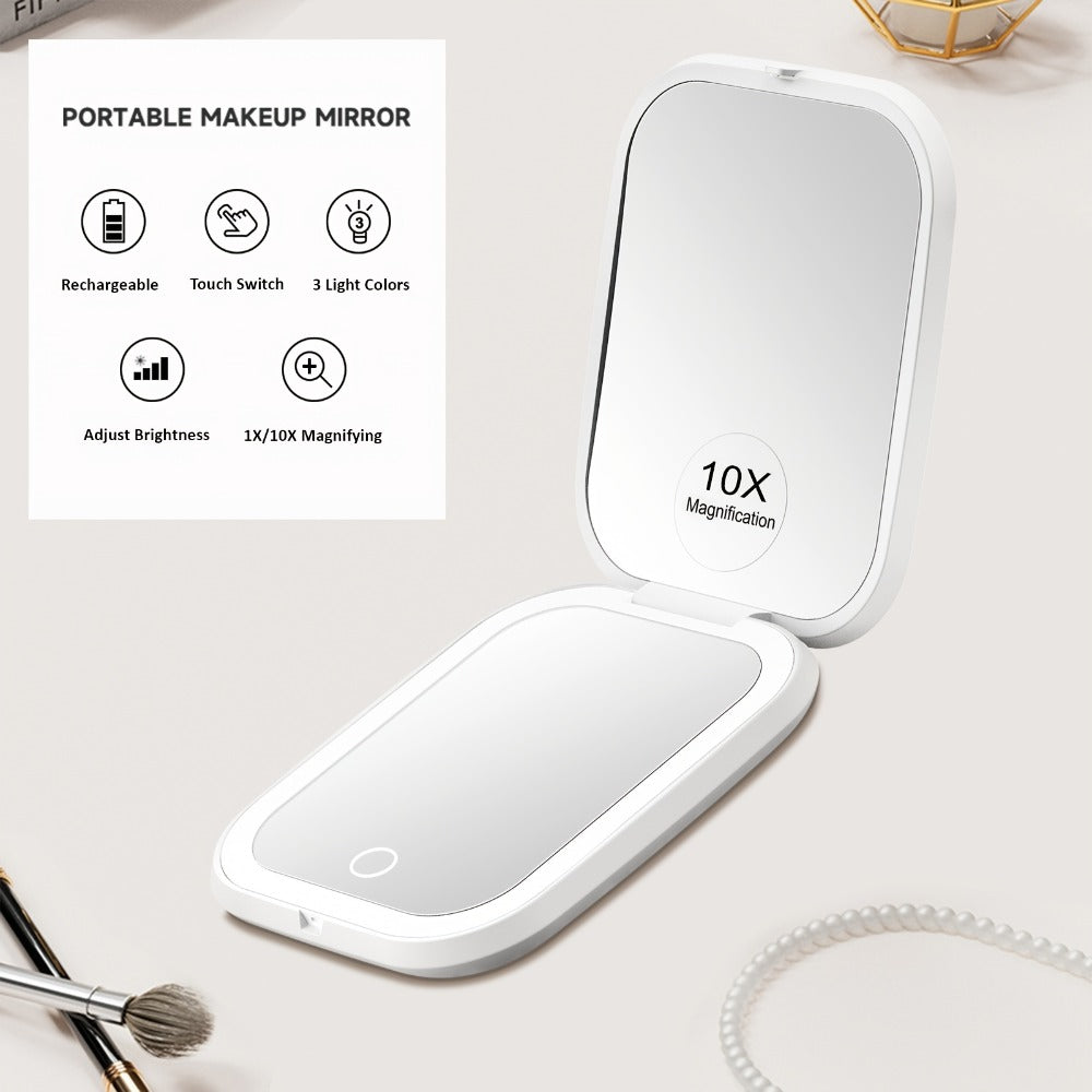 Rechargeable Pink or White LED Compact Mirror with 1X and 10X Views, Three Light Modes and Touch Dimming