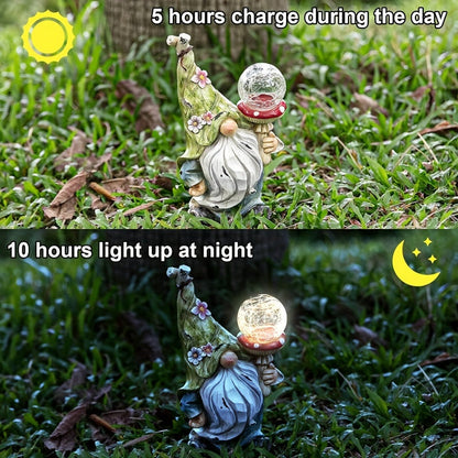 Solar Garden Gnome Statue with LED Magical Ball Light Outdoor Resin Dwarf Sculpture IP44 Waterproof Spring Yard Patio Decor Housewarming