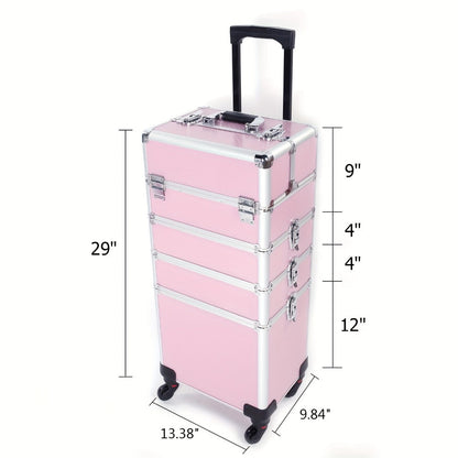Rolling Makeup Case Aluminum 4-in-1 Extra Large Professional Cosmetic Trolley with 360° Swivel Wheels for Makeup Artist Tattoo Artist Salon