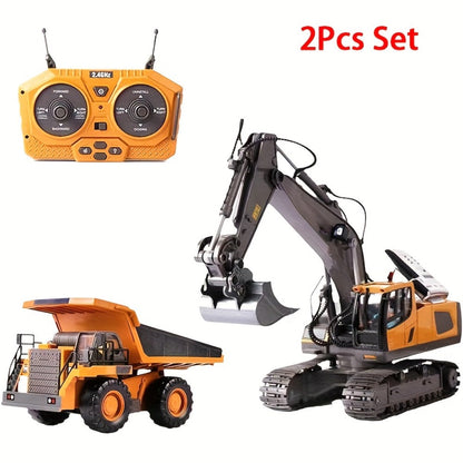 Remote Control Excavator Toy Set for Kids with Metal Shovel Bucket LED Lights & 1200mAh Rechargeable Battery