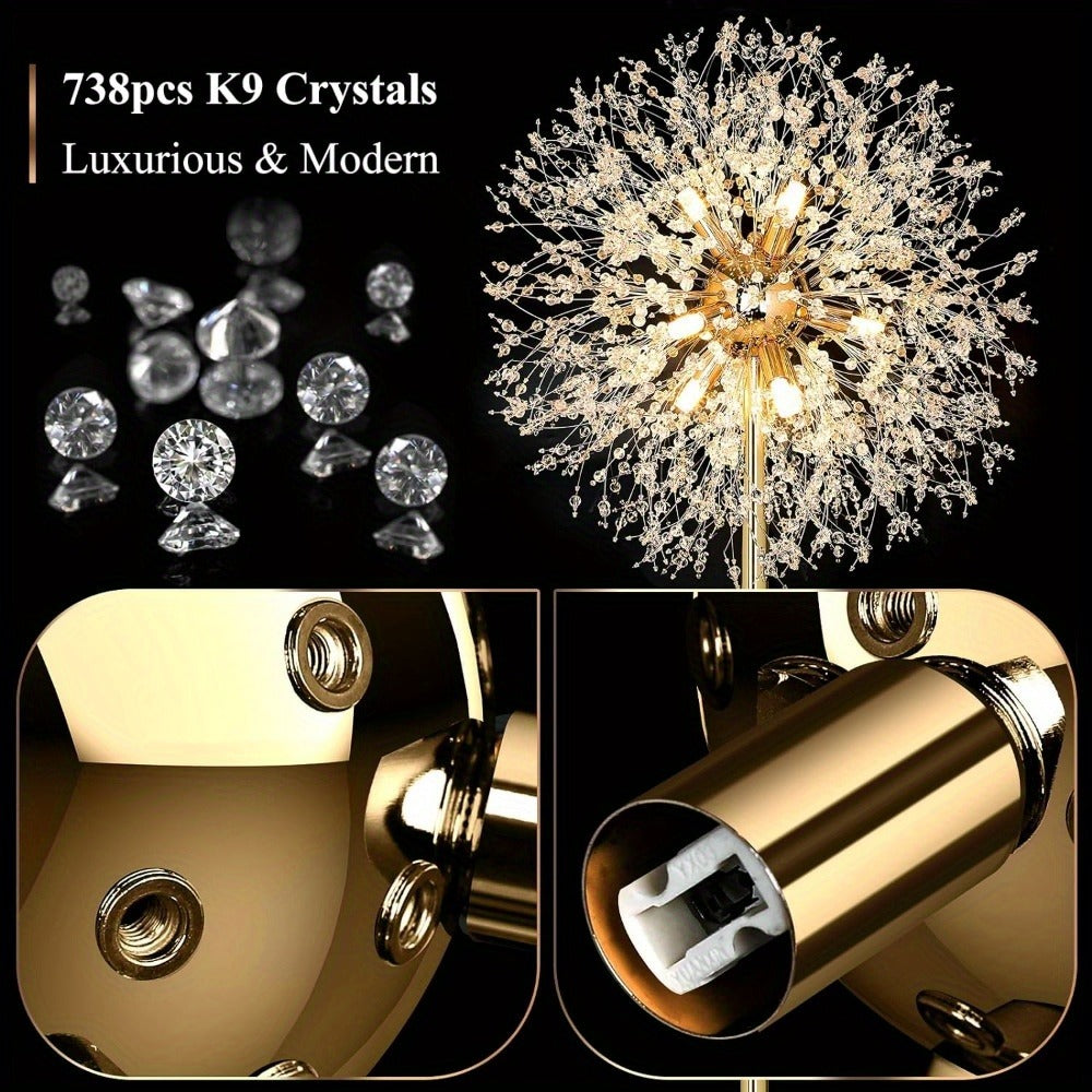 Crystal Floor Lamp Living Room 69 Inch Modern Standing Lamp, 738pcs K9 Crystals, 9 LED Bulbs, Antique Brass & Gold Finish